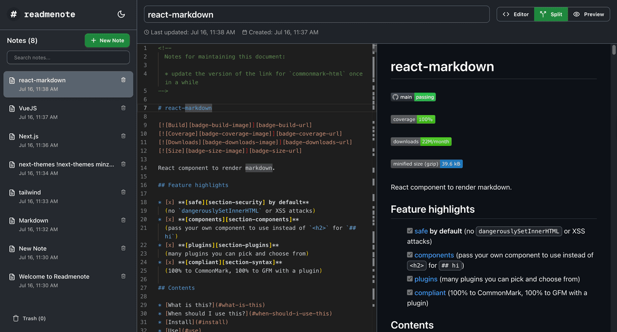 Readmenote Dark Mode Screenshot